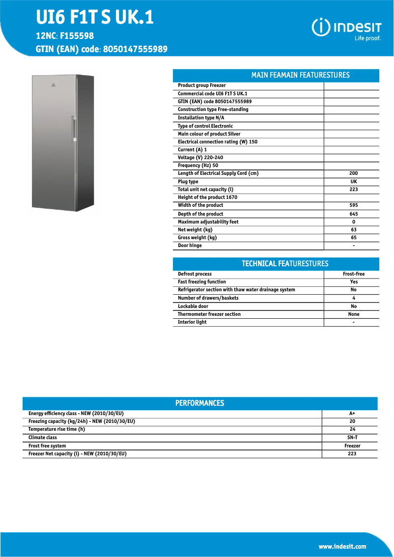 Page n°1 - Fiche technique Indesit UI6 F1T S UK.1