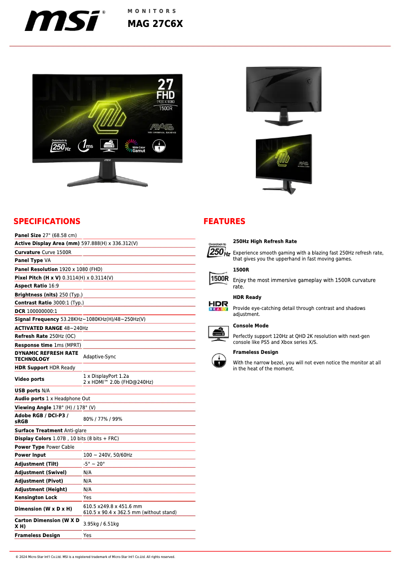 Page 1 de la notice Fiche technique MSI MAG 27C6X