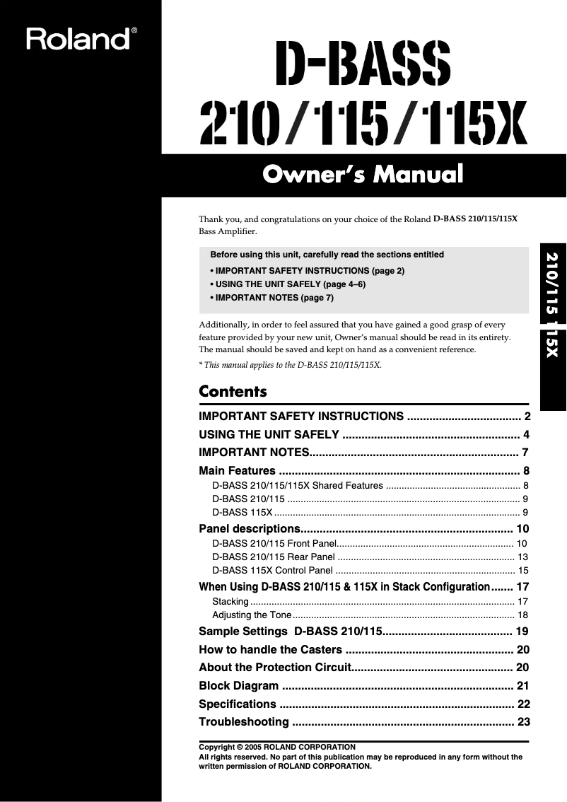 Page 1 de la notice Manuel utilisateur Roland D-Bass 210