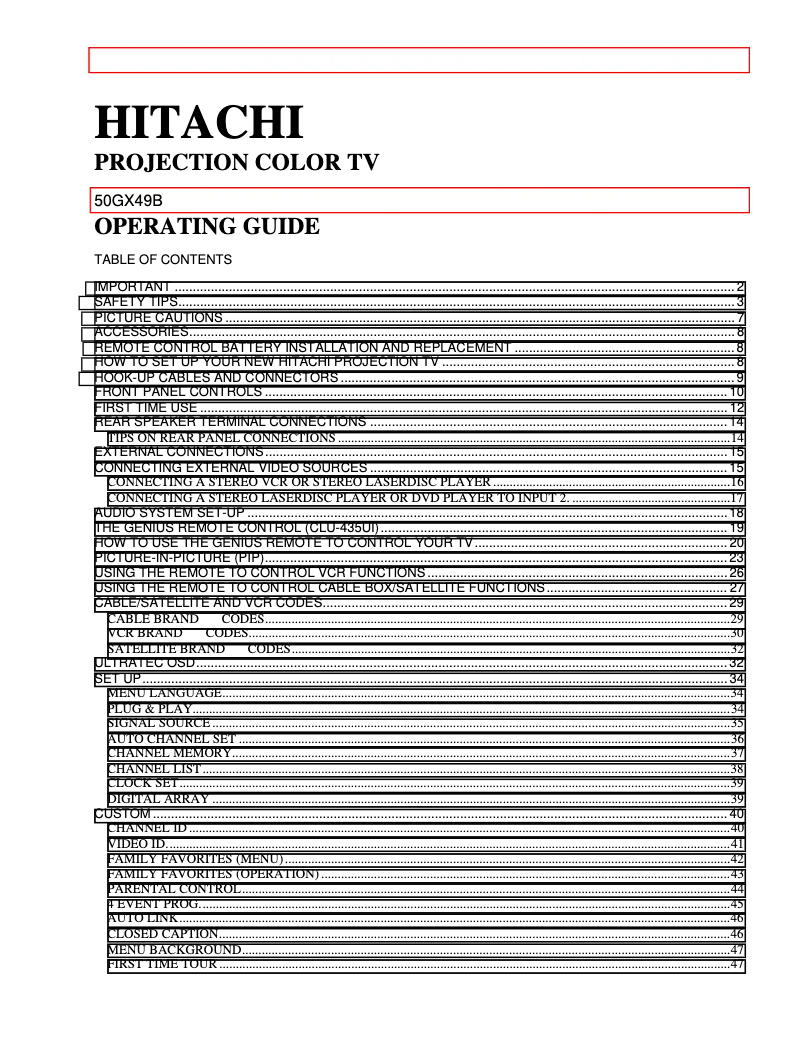 Page 1 de la notice Manuel utilisateur Hitachi 50GX49B