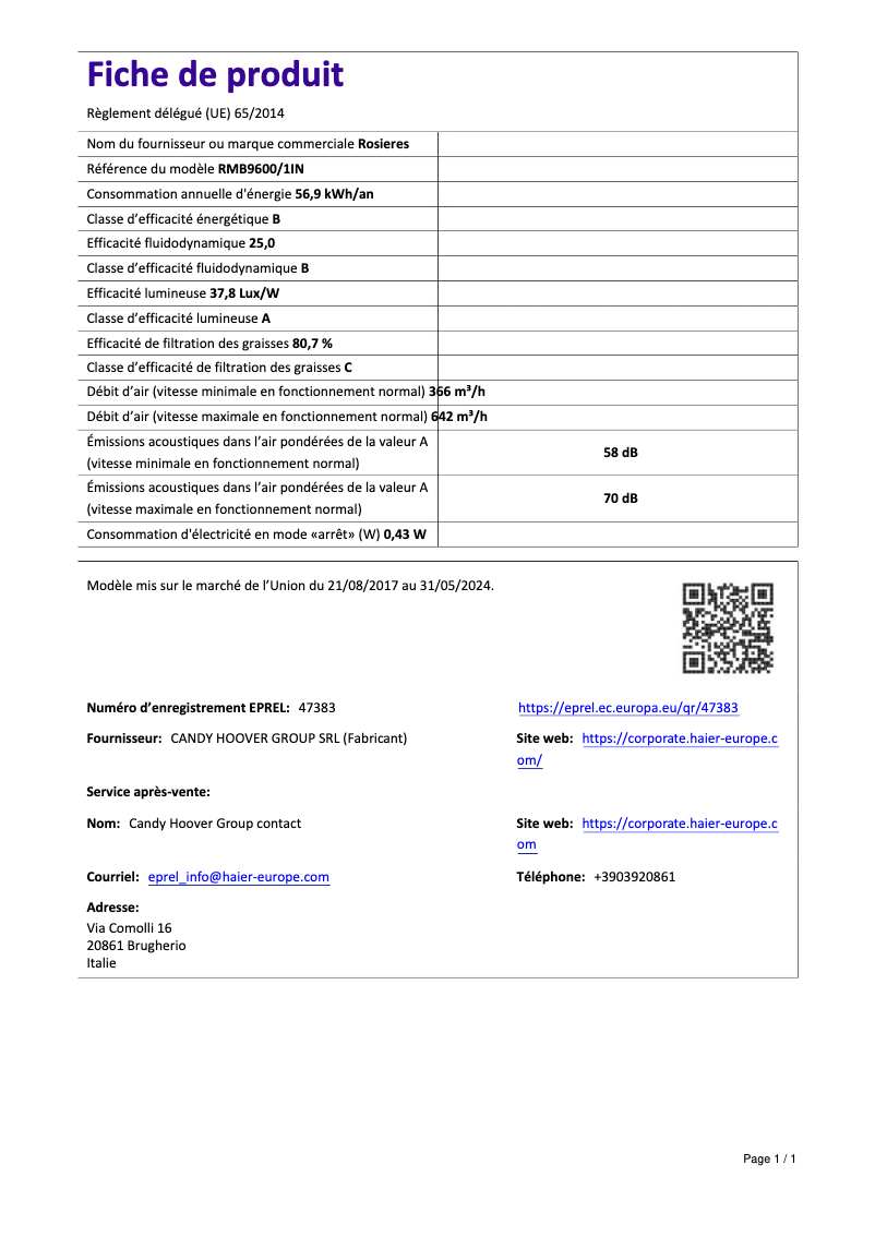 Page 1 de la notice Fiche technique Rosieres RMB 9600/1 IN