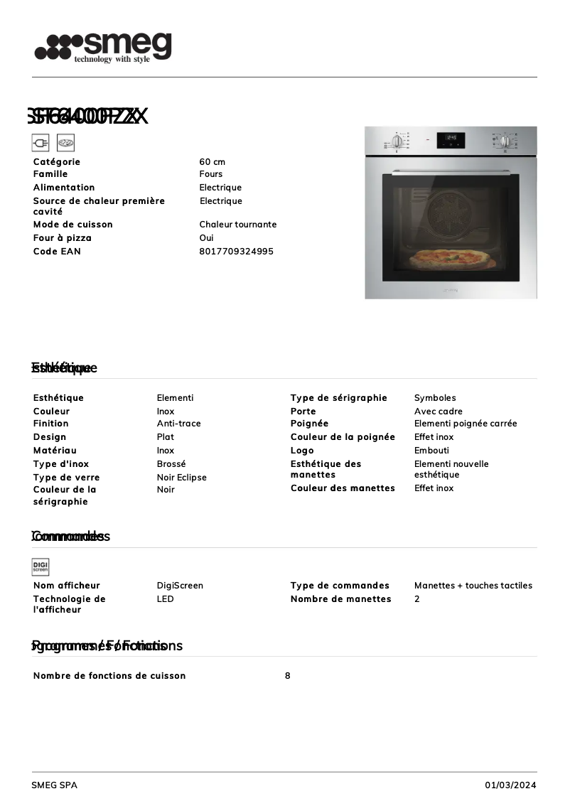 Page n°1 - Fiche technique Smeg SF6400PZX