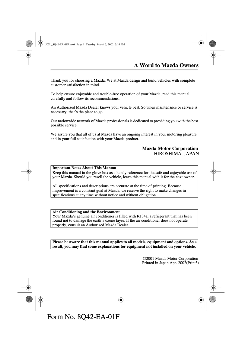 Page 1 de la notice Manuel utilisateur Mazda MX-5 (2002)