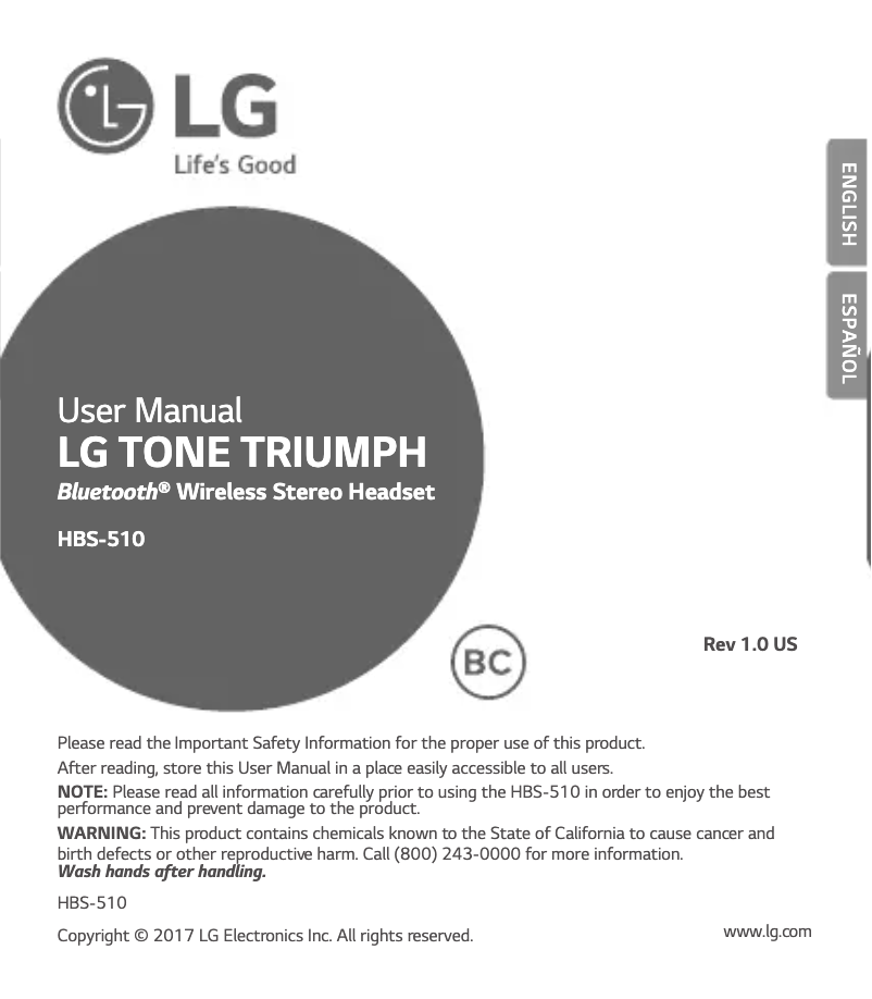 Page n°1 - Manuel utilisateur LG Tone Triumph HBS-510
