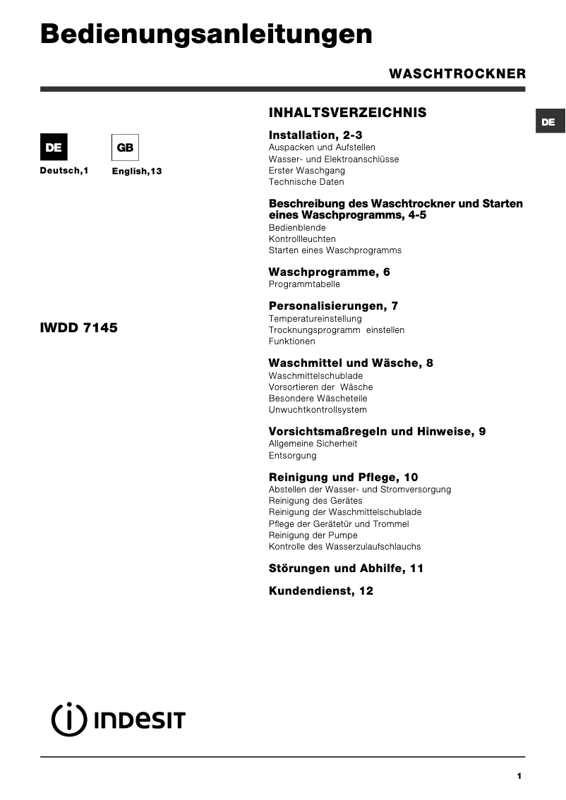 Page n°1 - Manuel utilisateur Indesit IWDD 7145 B (DE)