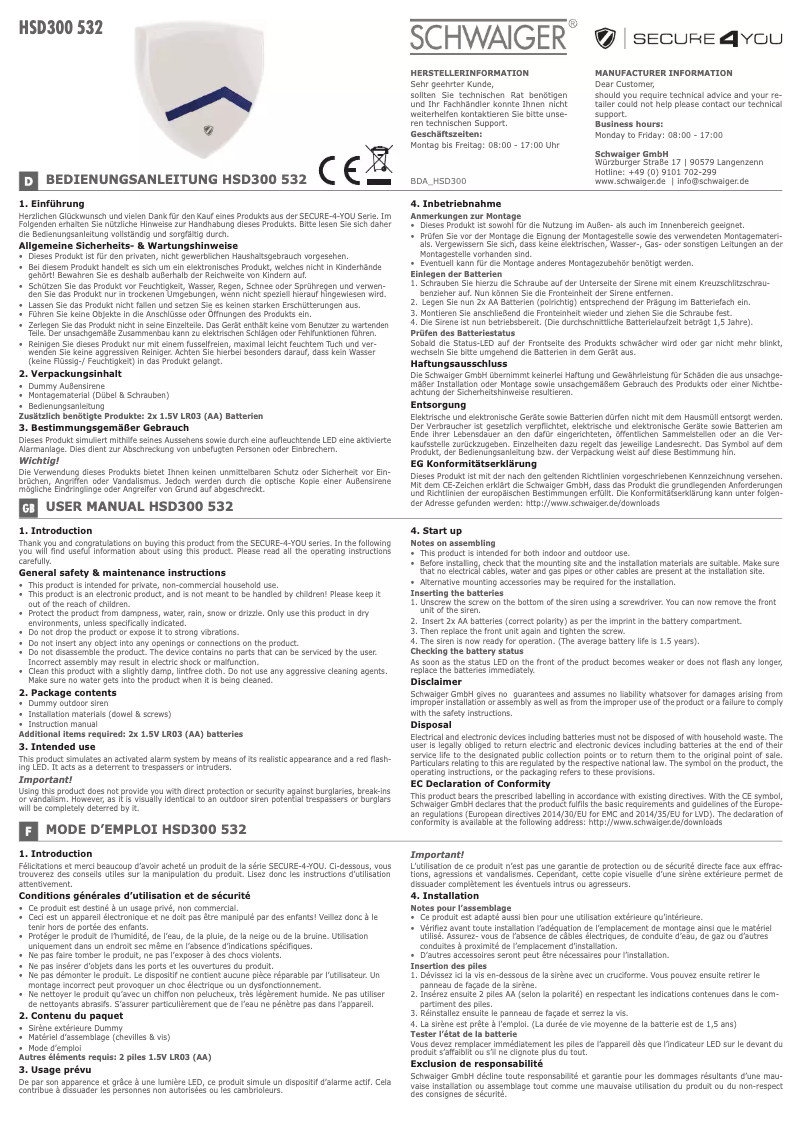 Page 1 de la notice Manuel utilisateur Schwaiger HSD300 532