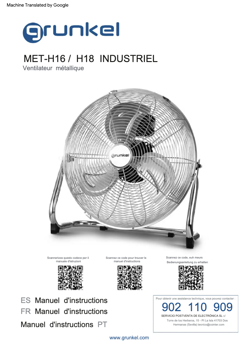 Page 1 de la notice Manuel utilisateur Grunkel MET-H16 Industrial