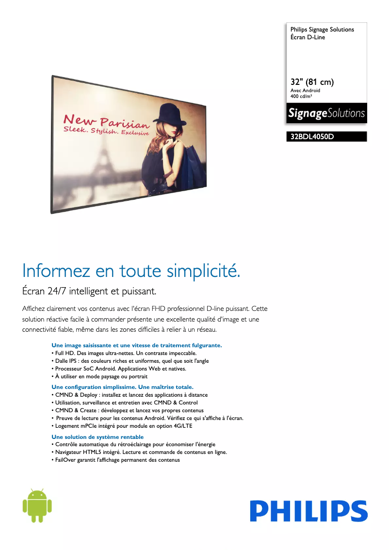 Page 1 de la notice Fiche technique Philips 32BDL4050D