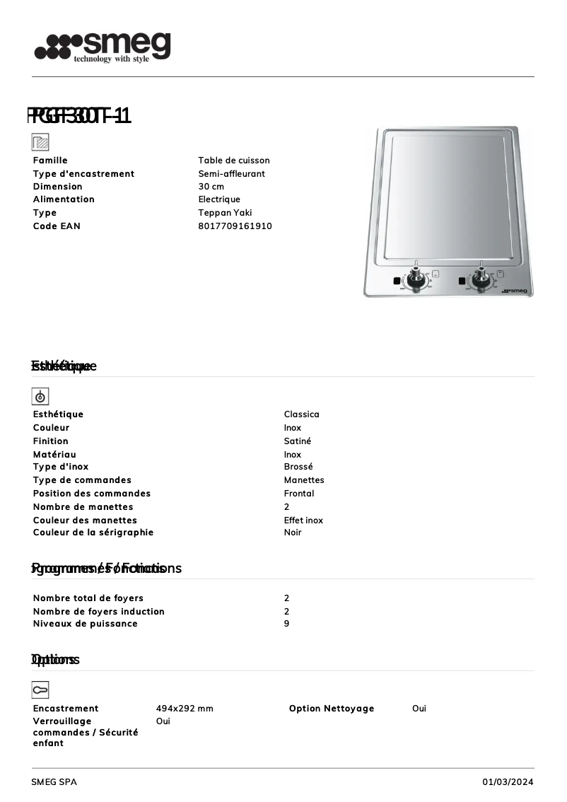 Page 1 de la notice Fiche technique Smeg PGF30T-1