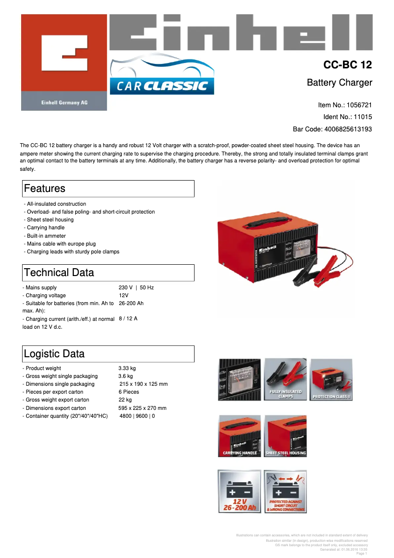 Page 1 de la notice Fiche technique Einhell CC-BC 12