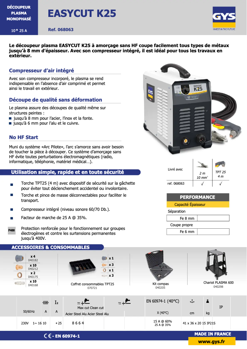 Page 1 de la notice Fiche technique GYS Easycut K25