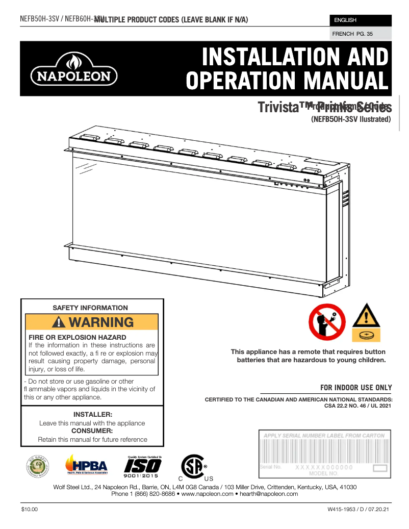 Page n°1 - Manuel utilisateur Napoleon Trivista Primis NEFB50H-3SV