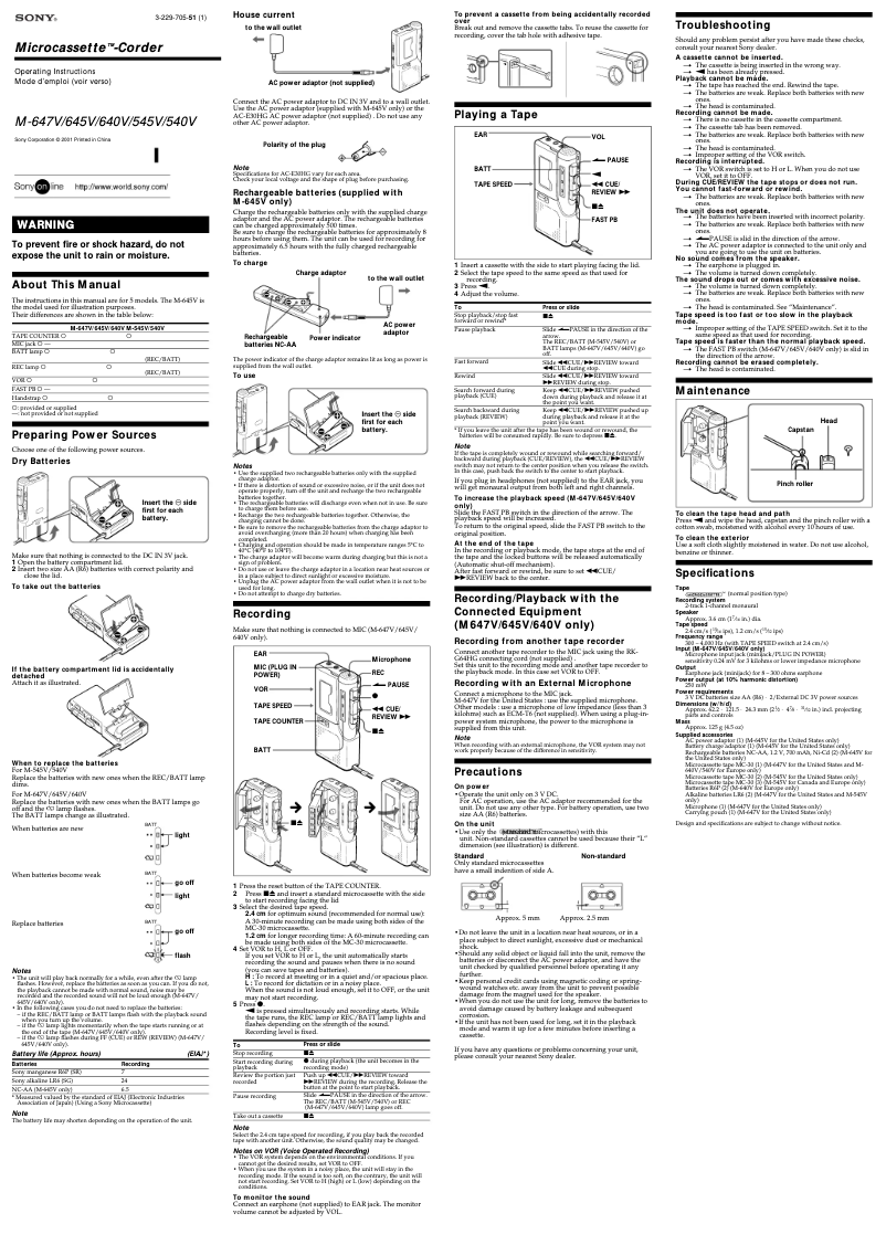 Page n°1 - Manuel utilisateur Sony M-545V