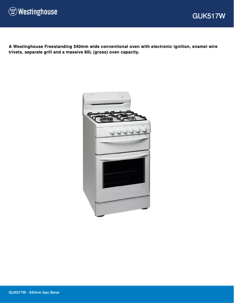 Page 1 de la notice Fiche technique Westinghouse GUK517W