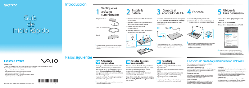 Imagen de la primera página del manual del dispositivo Vaio VGN-FW330J