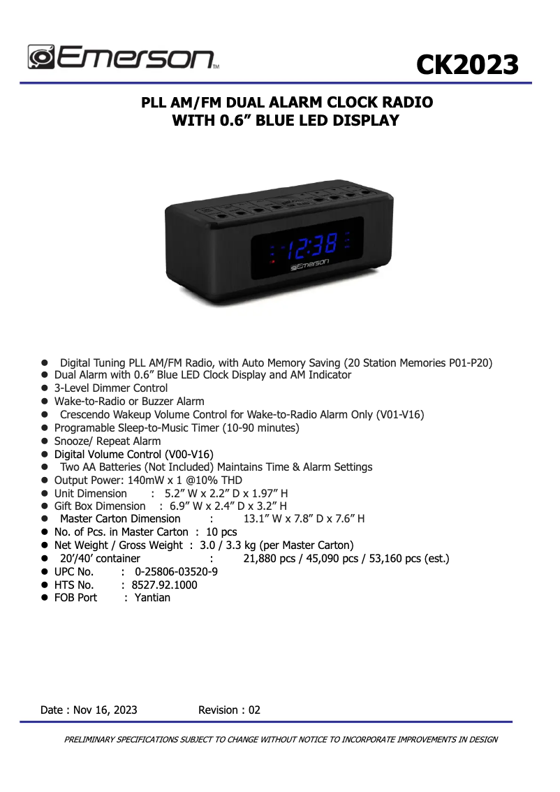 Page 1 de la notice Fiche technique Emerson CK2023