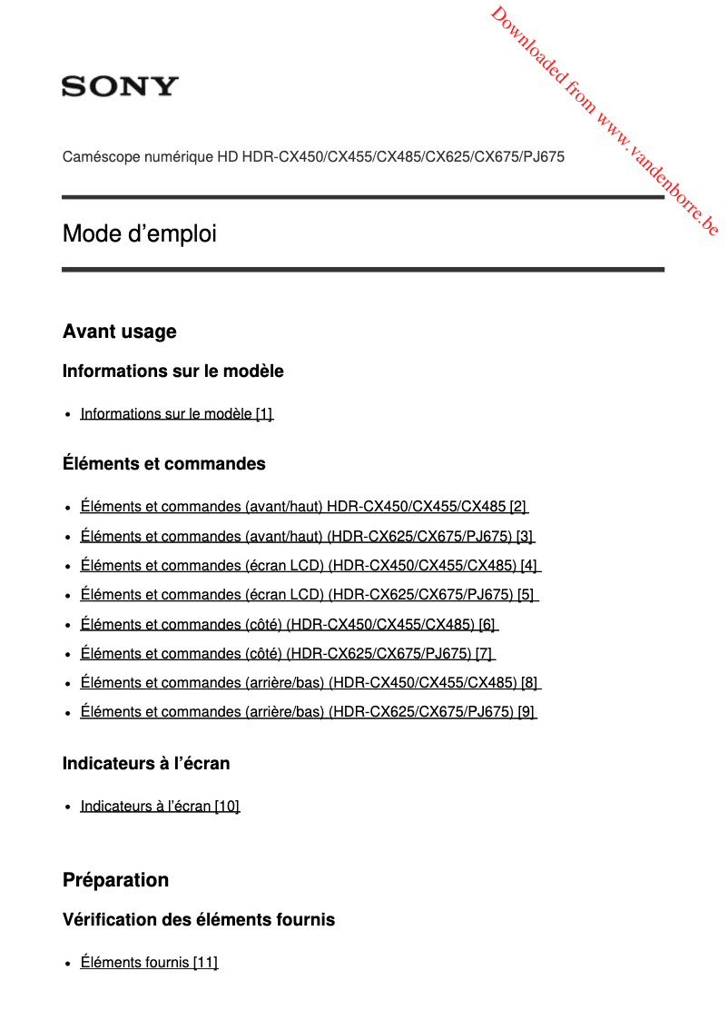 Page 1 de la notice Manuel utilisateur Sony HDR-CX625