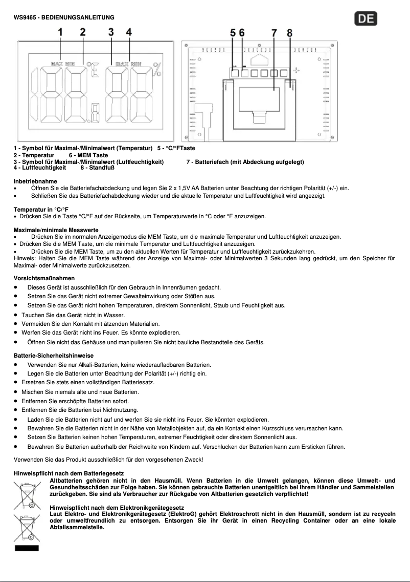 Page 1 de la notice Manuel utilisateur Techno Line WS 9465