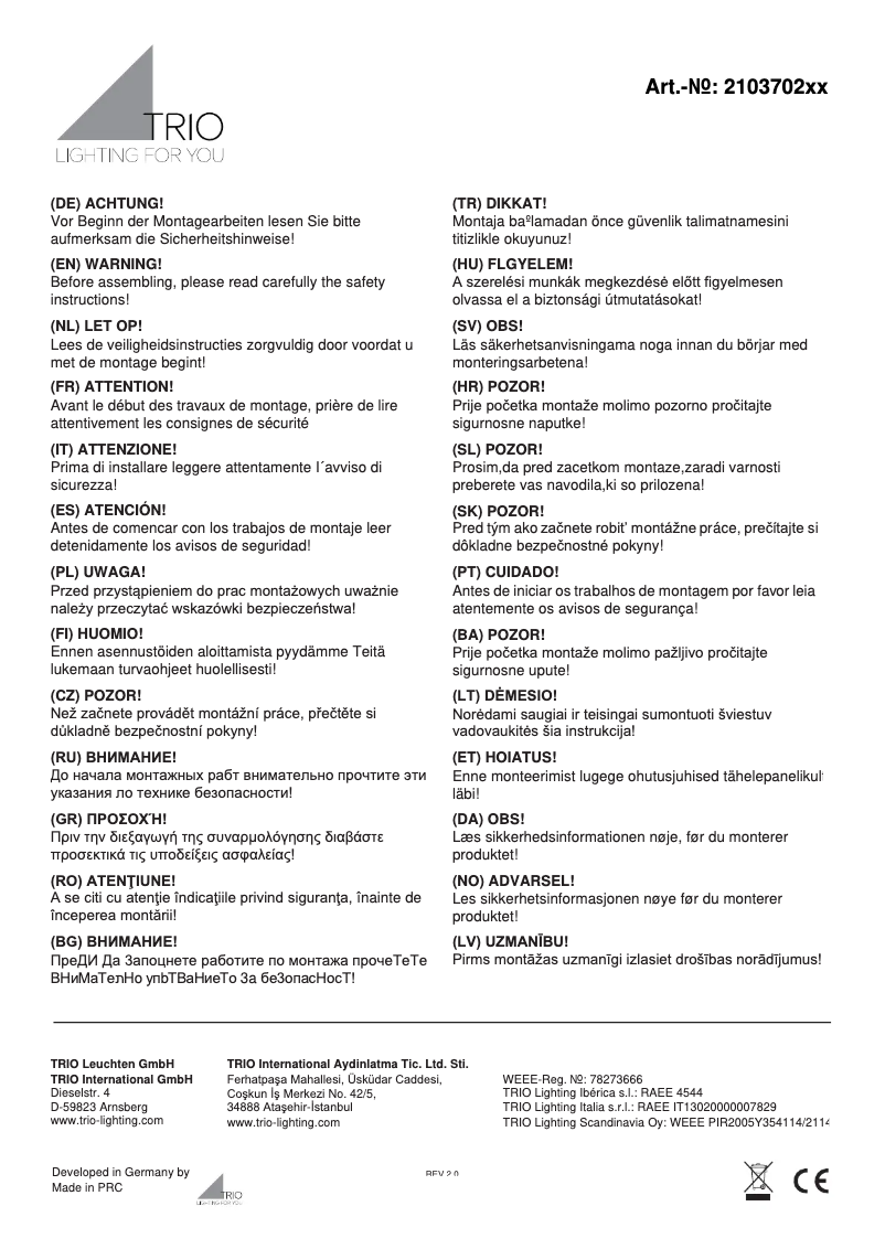 Page 1 de la notice Manuel utilisateur Trio Lighting Napoli 210370228