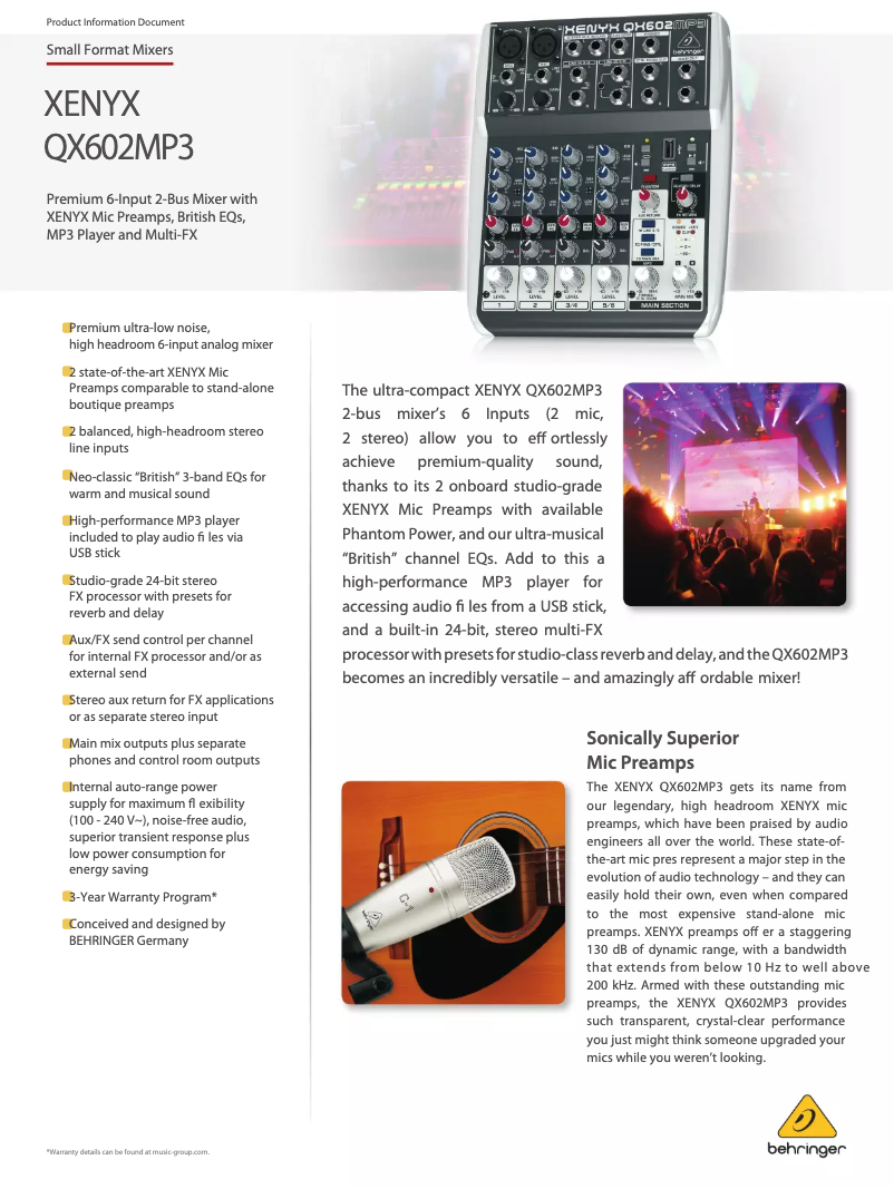 Page 1 de la notice Fiche technique Behringer Xenyx QX602MP3
