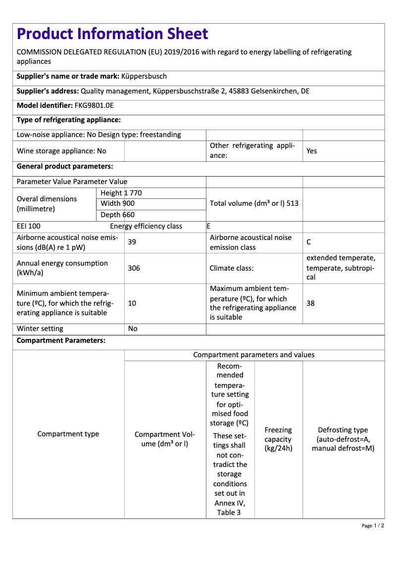 Page 1 de la notice Label énergétique Küppersbusch FKG9801.0E