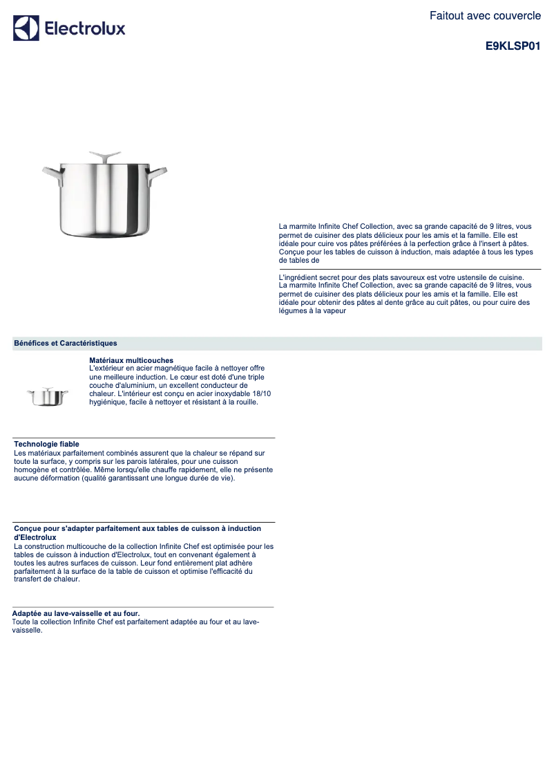 Page 1 de la notice Fiche technique Electrolux E9KLSP01