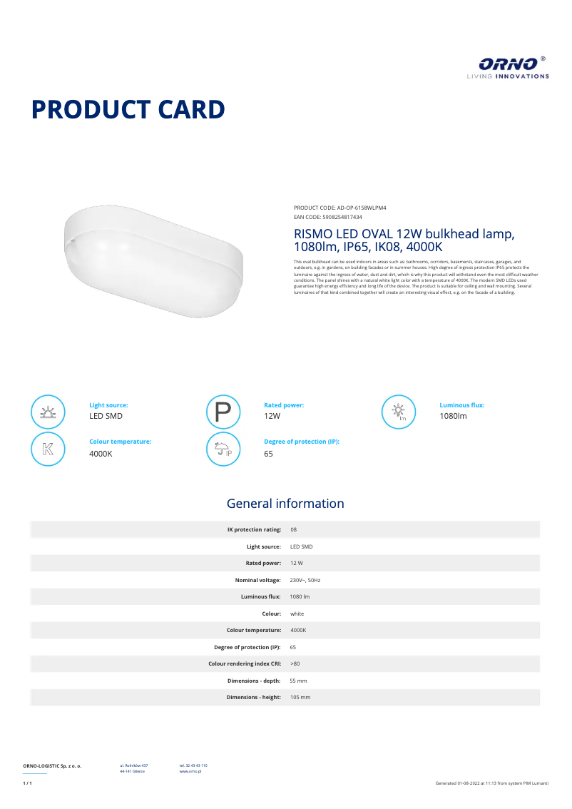 Page n°1 - Fiche technique Adviti AD-OP-6158WLPM4