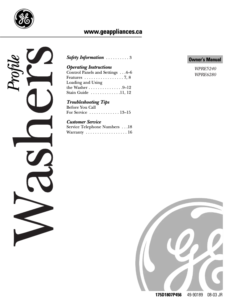 Page 1 de la notice Manuel utilisateur GE WPRE5240DWW