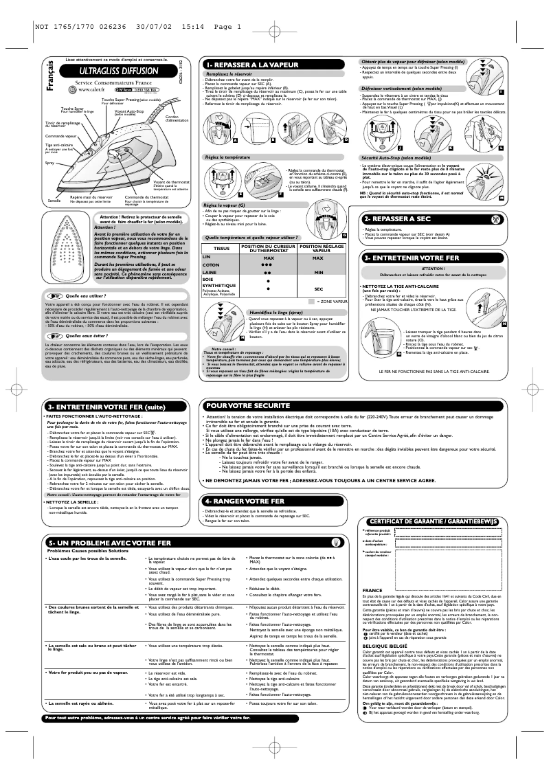 Page n°1 - Manuel utilisateur Tefal Ultragliss Diffusion 1770