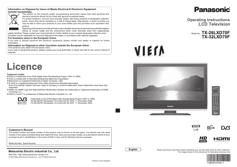 Page 1 de la notice Manuel utilisateur Panasonic Viera TX-26LXD70F