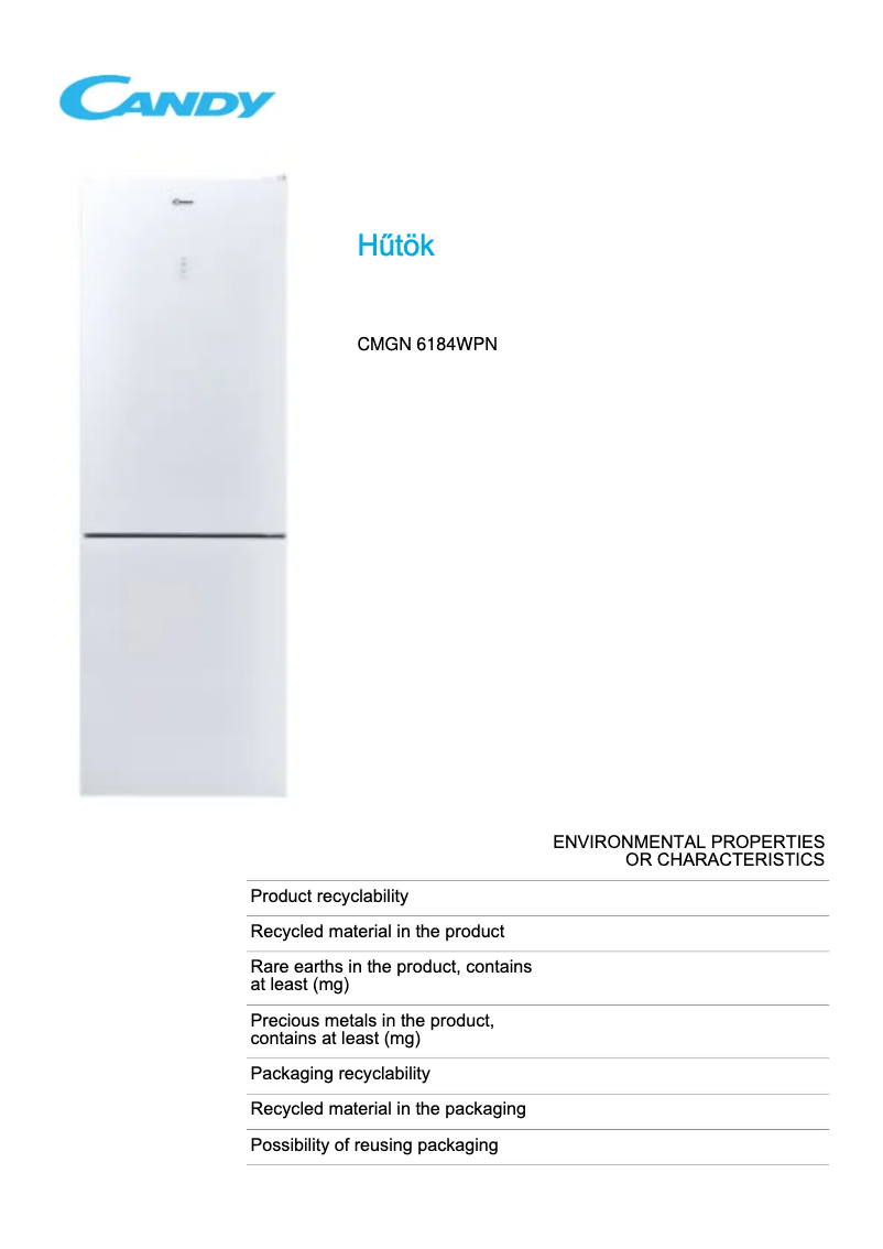 Page 1 de la notice Fiche technique Candy CMGN 6184WPN