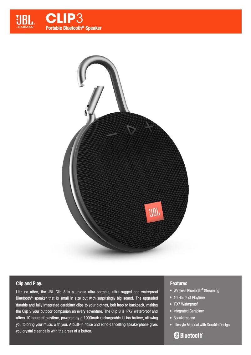 Page 1 de la notice Fiche technique JBL Clip 3