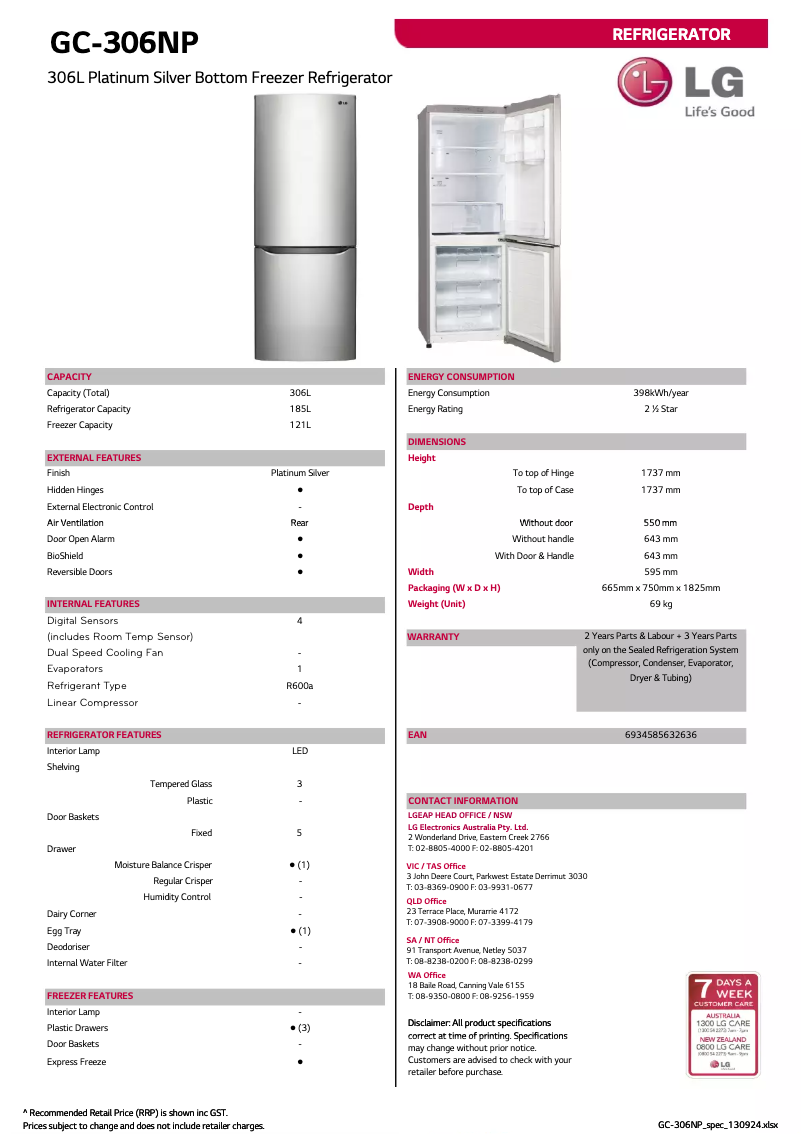 Página 1 del manual Ficha técnica LG GC-306NP