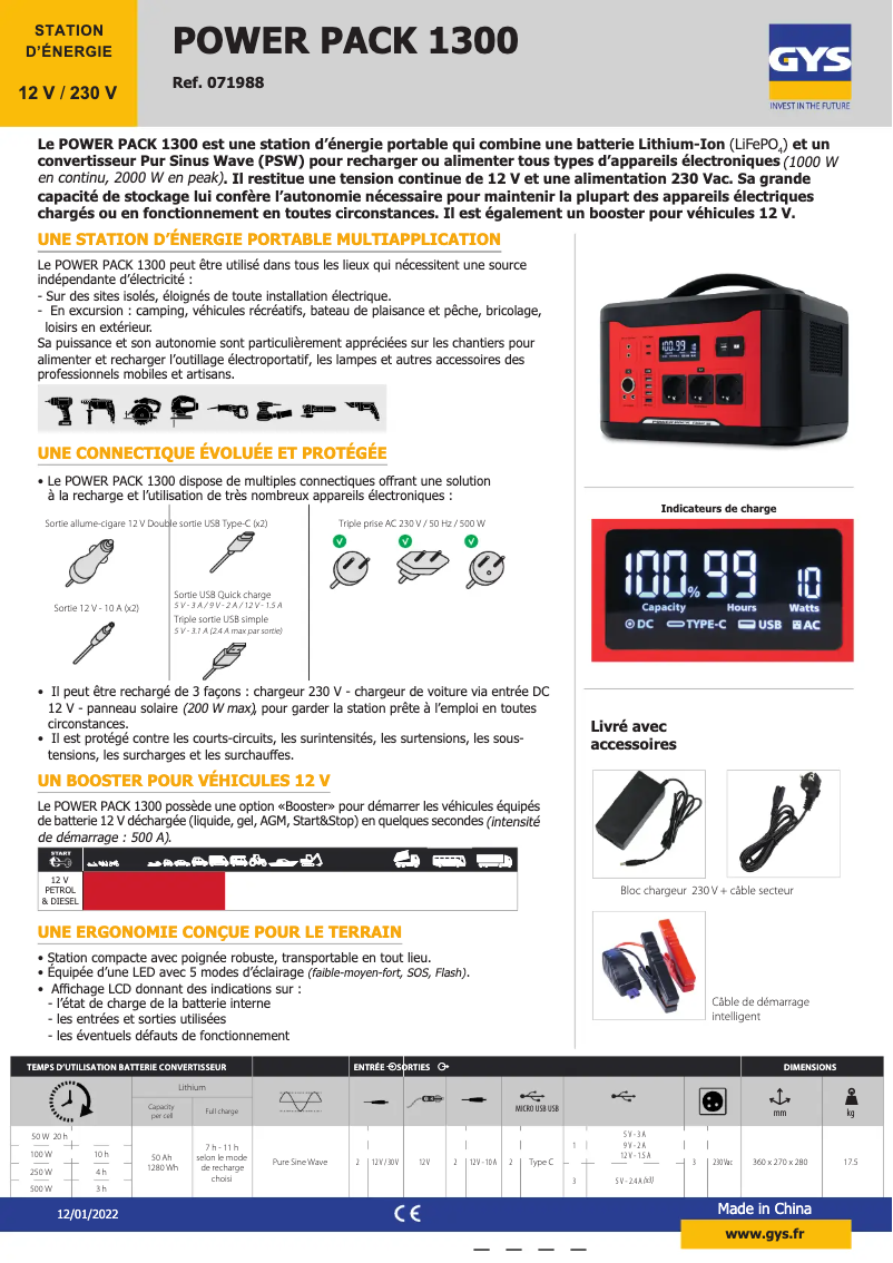 Page n°1 - Fiche technique GYS Power Pack 1300
