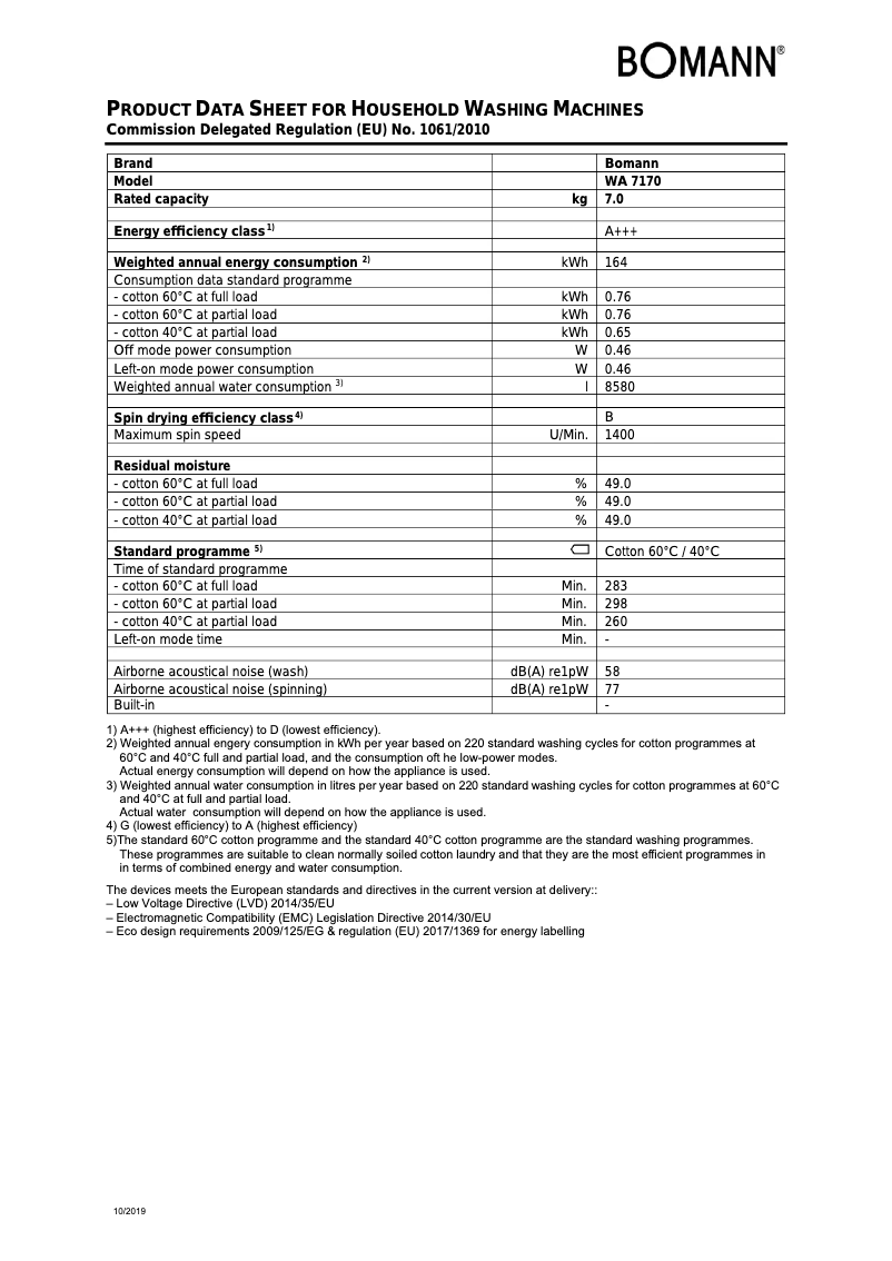 Page n°1 - Fiche technique Bomann WA 7170