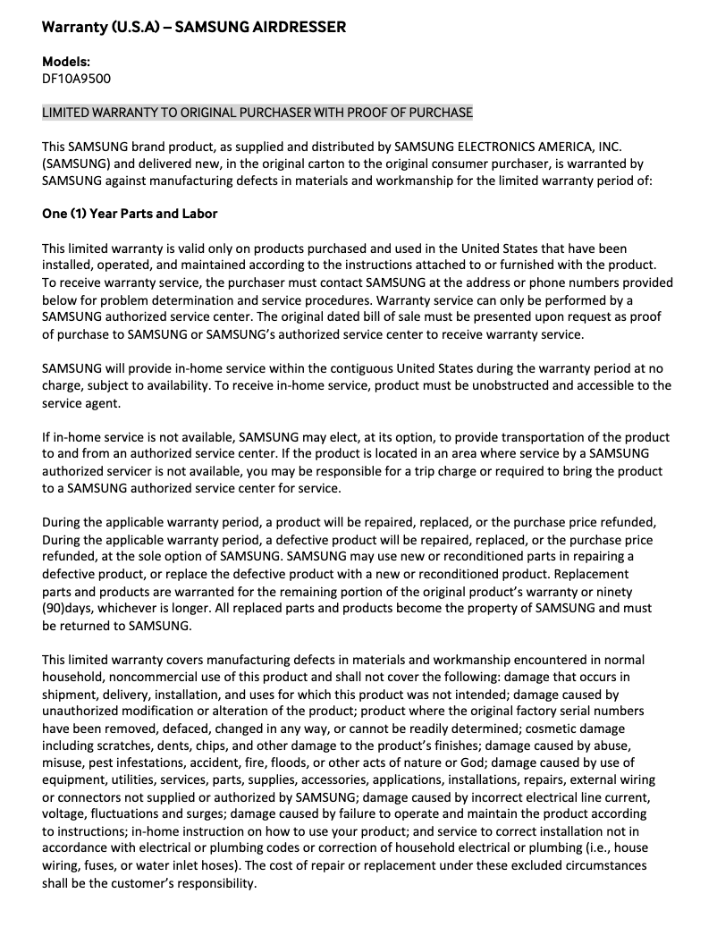 Page 1 de la notice Informations de garantie Samsung DF10A9500CG