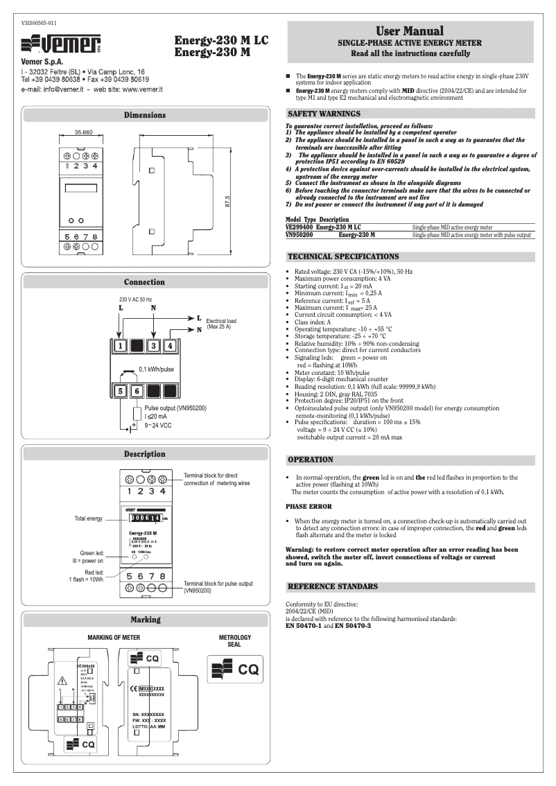 Page 1 de la notice Manuel utilisateur Vemer Energy-230 M
