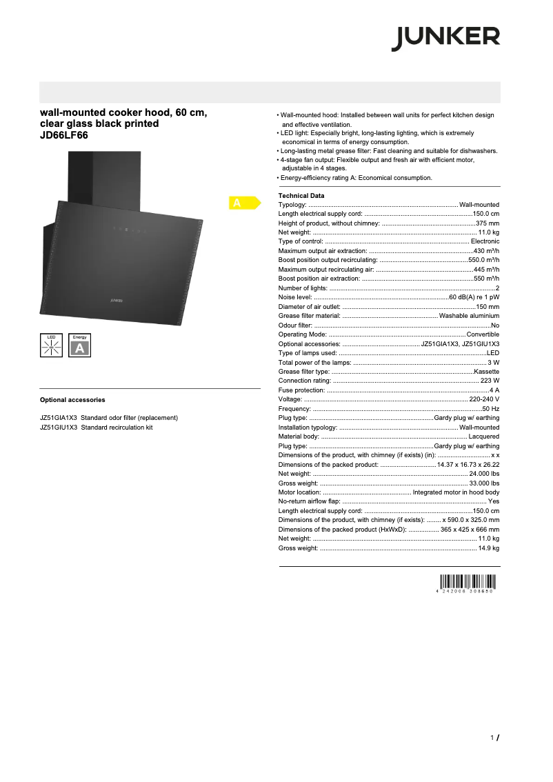Page n°1 - Fiche technique Junker JD66LF66