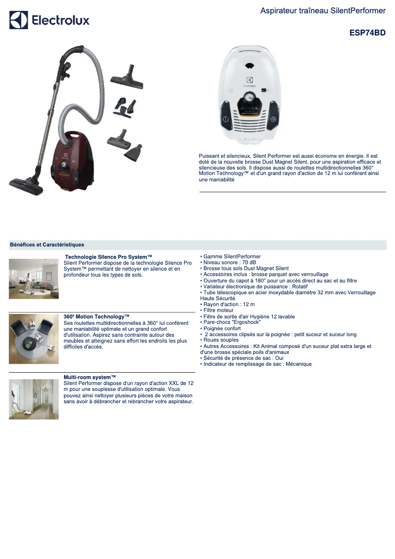Page 1 de la notice Fiche technique Electrolux SilentPerformer ESP74BD