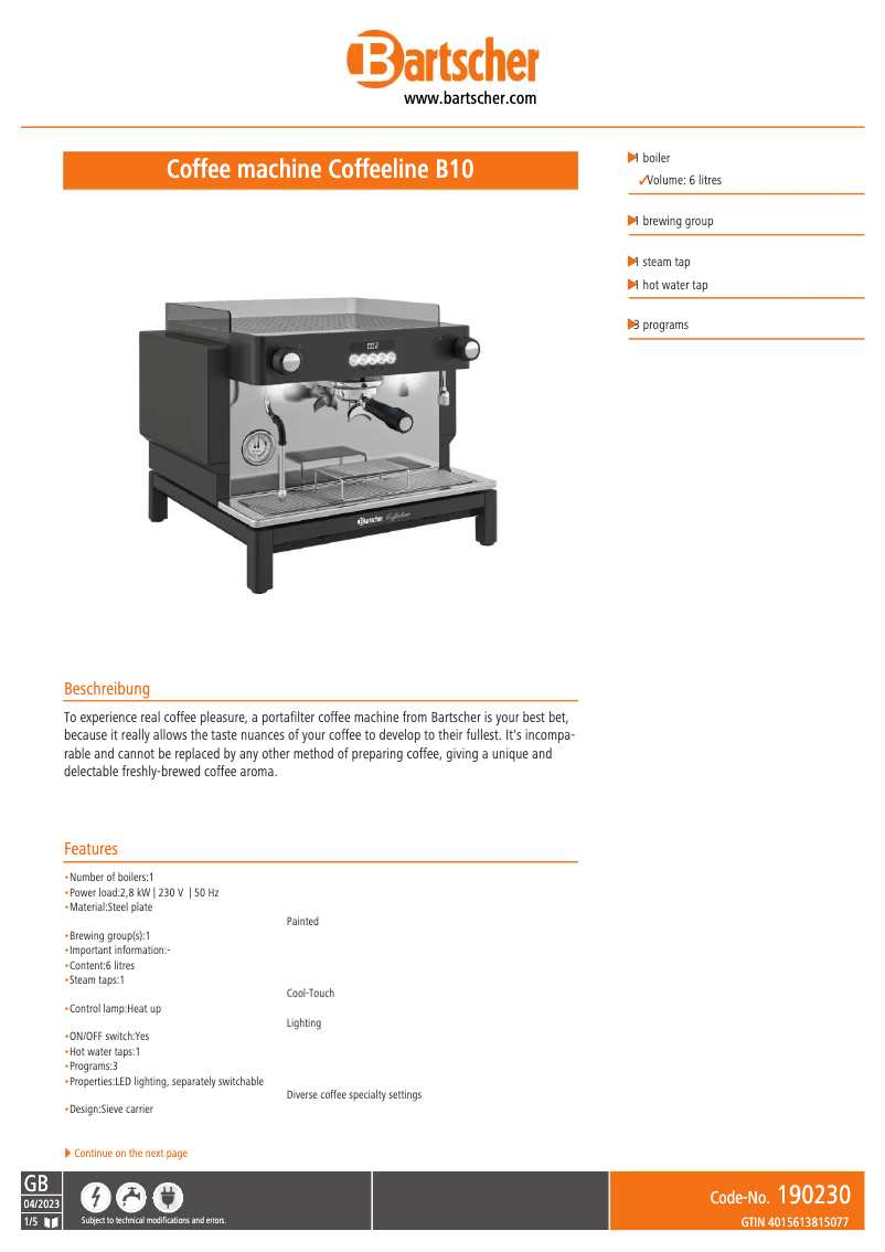 Page n°1 - Fiche technique Bartscher B10