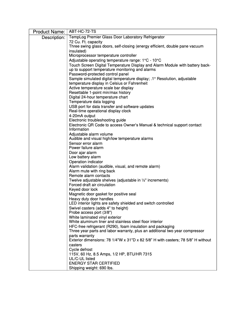 Page 1 de la notice Fiche technique American BioTech Supply ABT-HC-72C