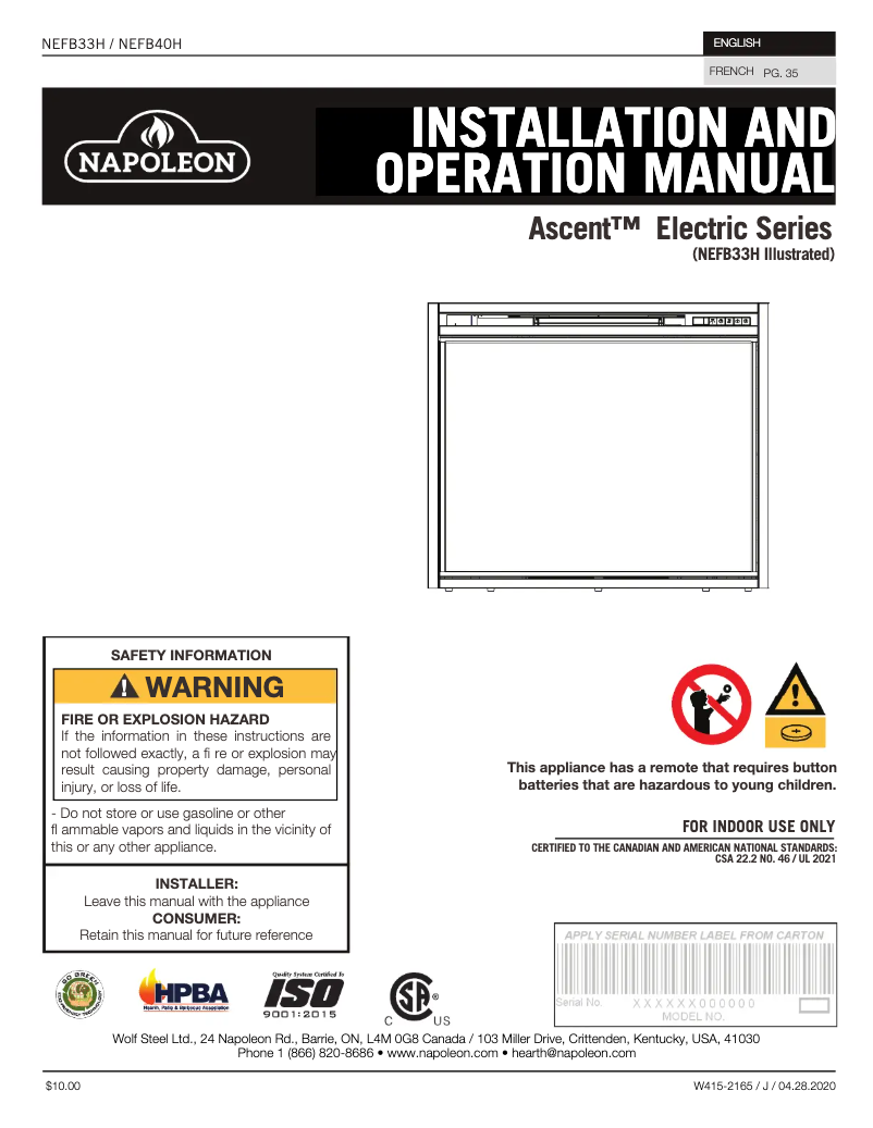 Page 1 de la notice Manuel utilisateur Napoleon Ascent Electric 40