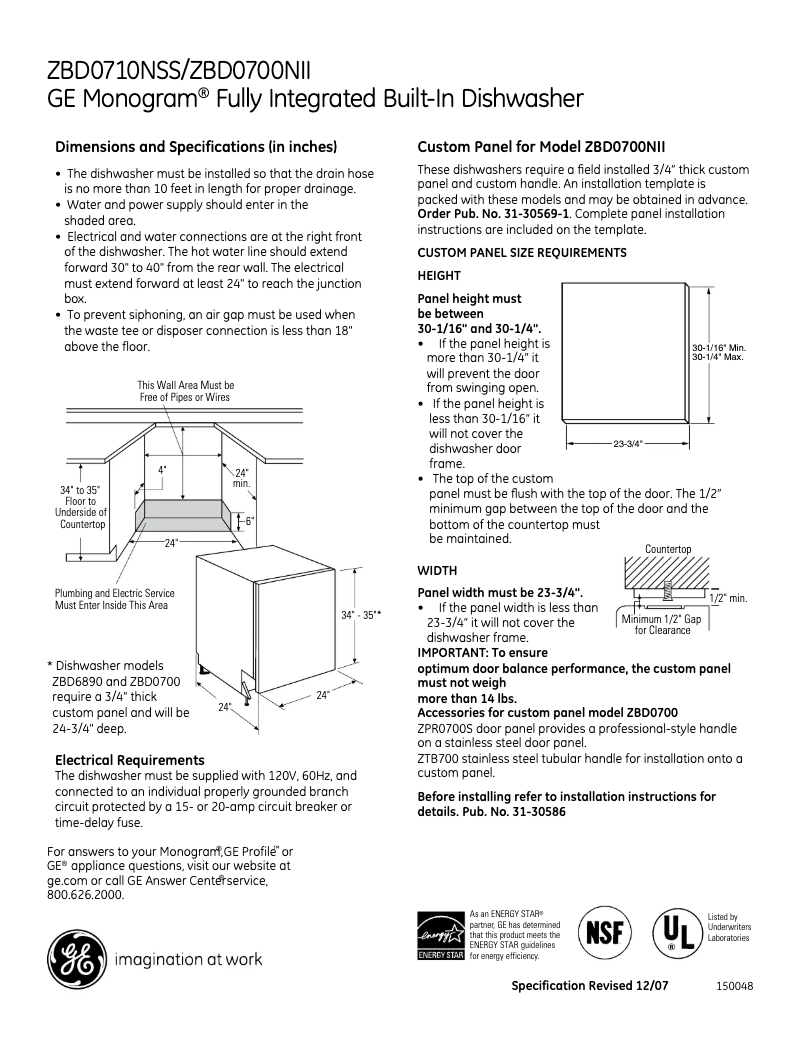 Page n°1 - Fiche technique GE ZBD0710NSS
