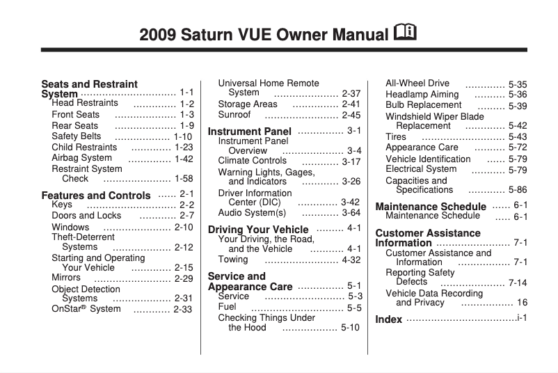 Page n°1 - Manuel utilisateur Saturn Vue (2009)