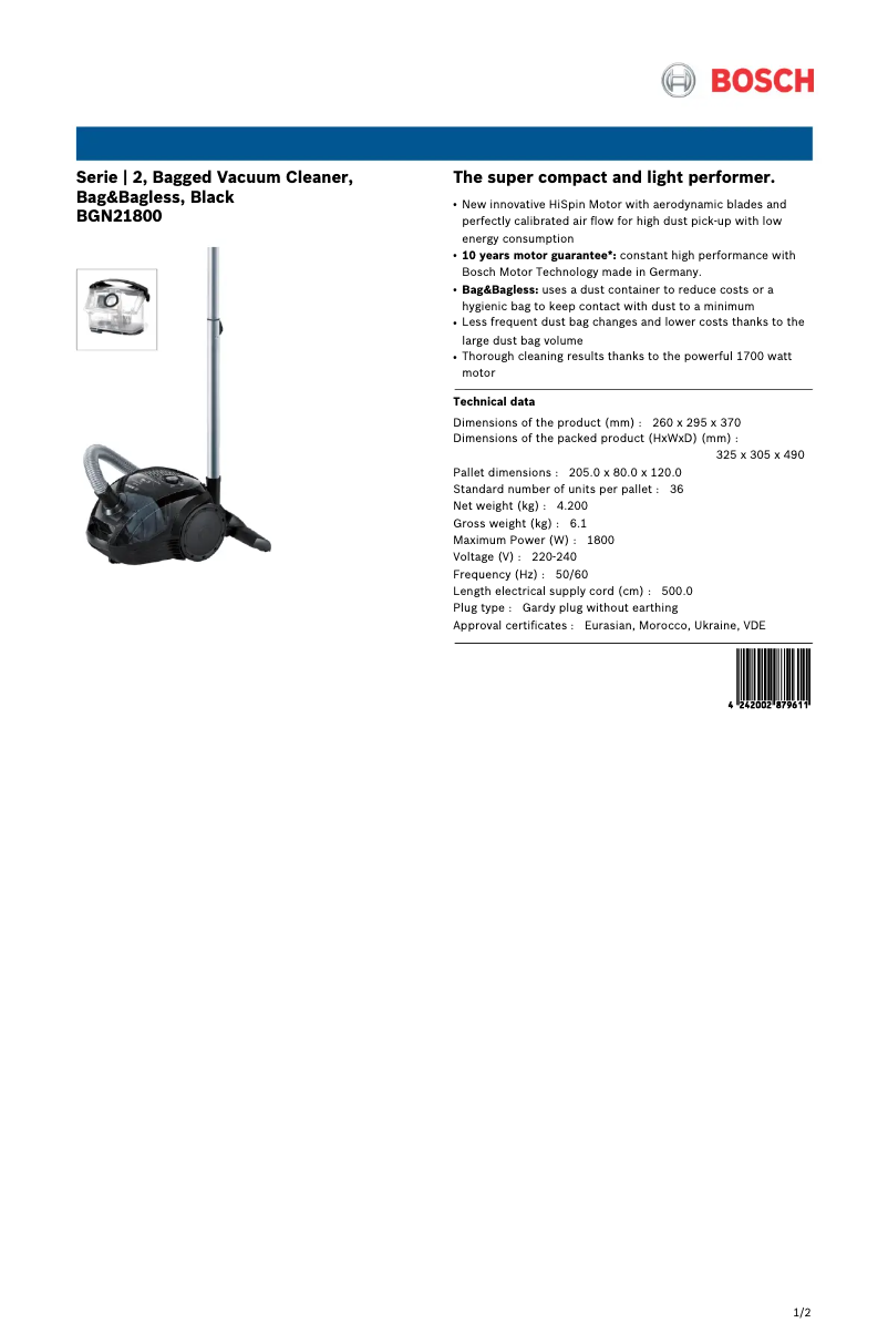 Page n°1 - Fiche technique Bosch BGN21800