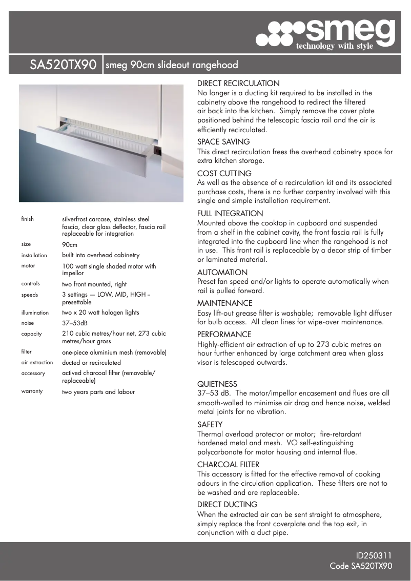 Page 1 de la notice Fiche technique Smeg SA520TX90