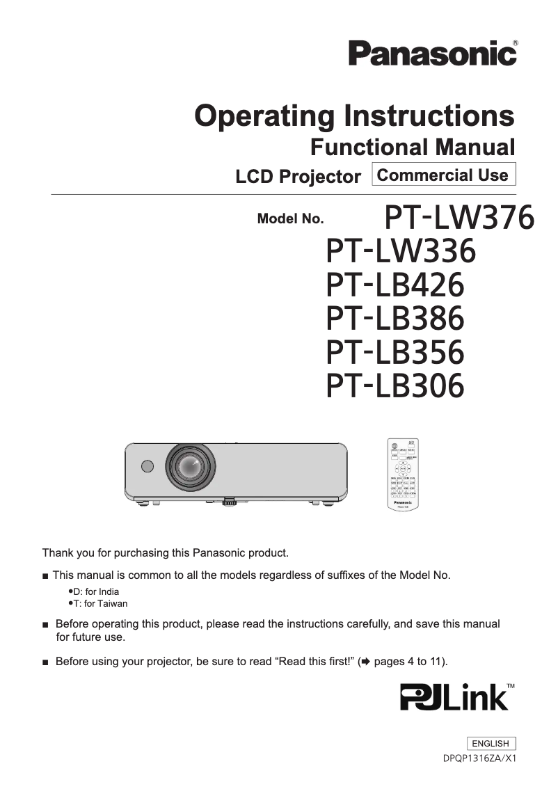 Page n°1 - Manuel utilisateur Panasonic PT-LW336