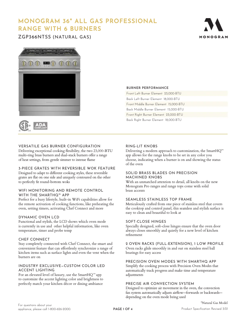 Page 1 de la notice Fiche technique Monogram ZGP366NTSS