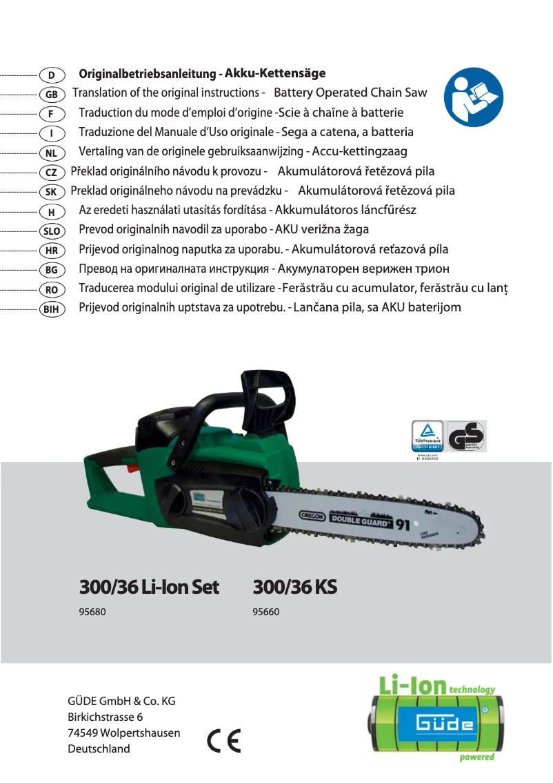 Page n°1 - Manuel utilisateur Güde 300/36 LI-ION