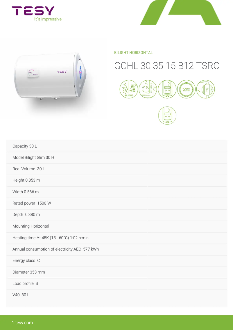 Página 1 del manual Ficha técnica Tesy Bilight Slim 30 H